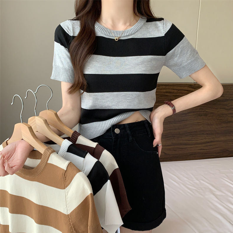 Korean Striped Short Sleeve Knit Top