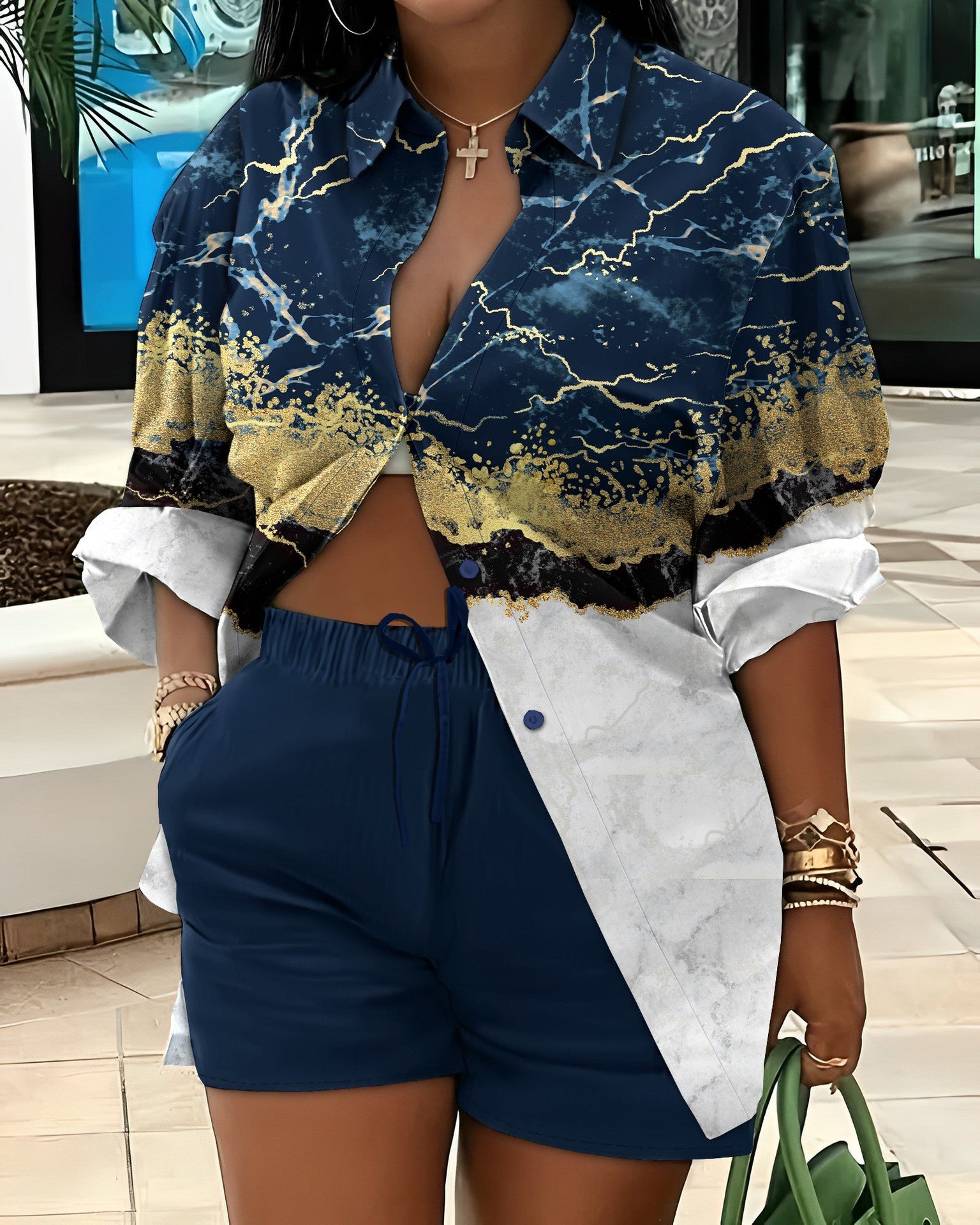 Printed Long Sleeve Top and Shorts Two-Piece Set