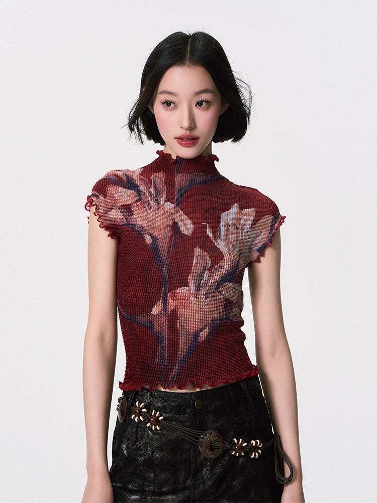 Floral Pleated High-Neck Short Sleeve Top