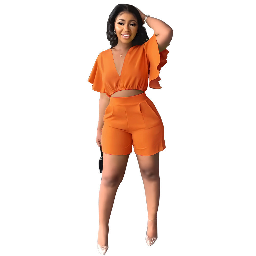 V-Neck Top and Casual Shorts Set