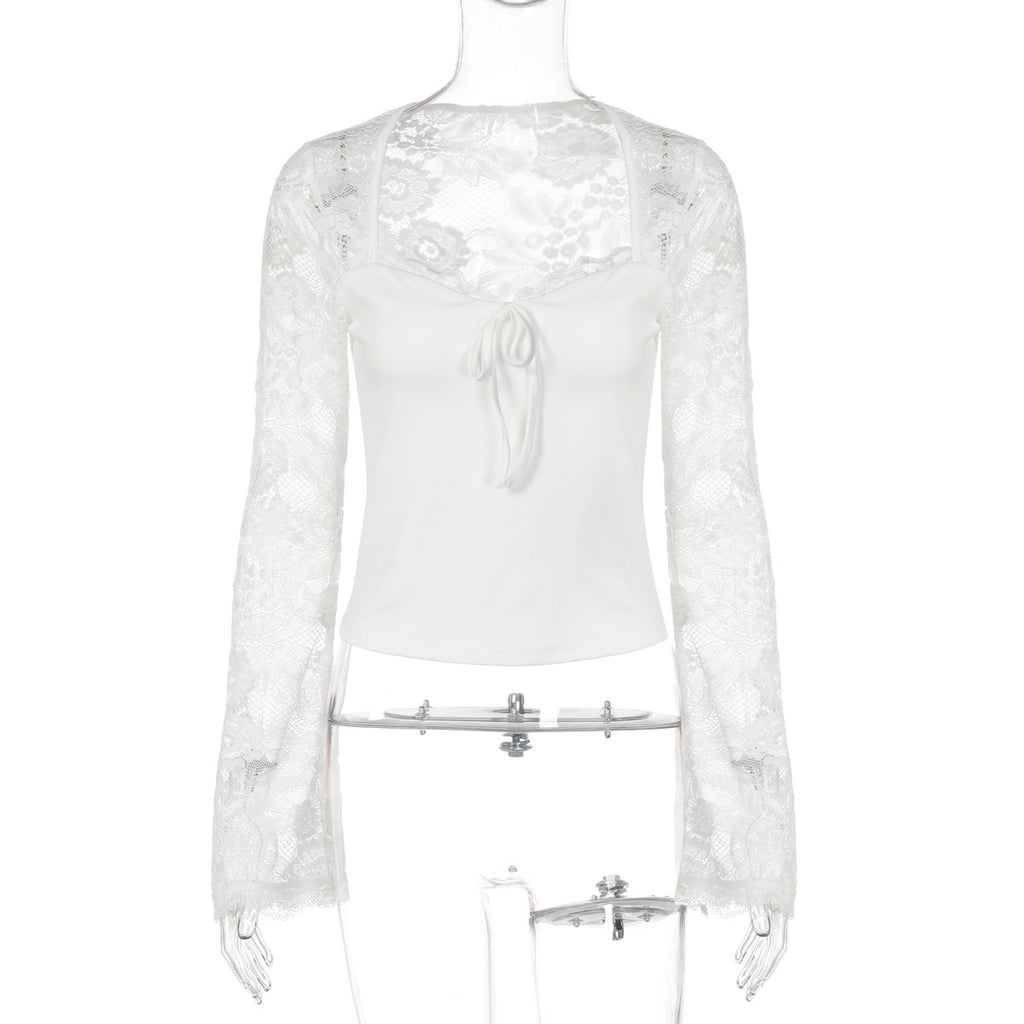 Lace Splicing See Through Long Sleeve Top