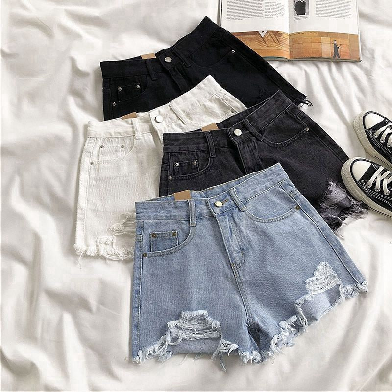 Ripped Denim Shorts High Waisted Wide Leg