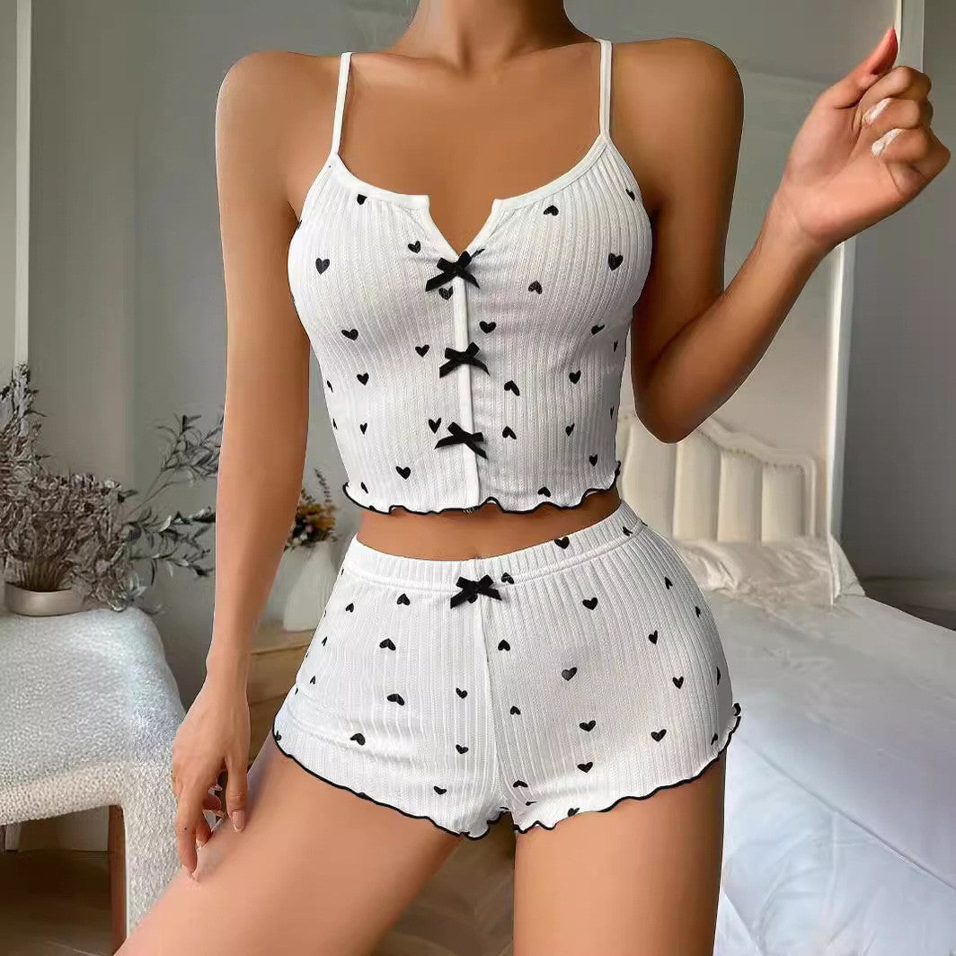 Heart Print V-Neck Sleepwear Set