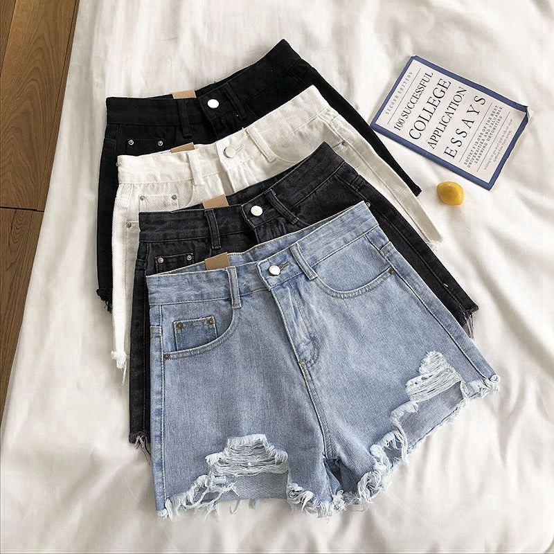 Ripped Denim Shorts High Waisted Wide Leg