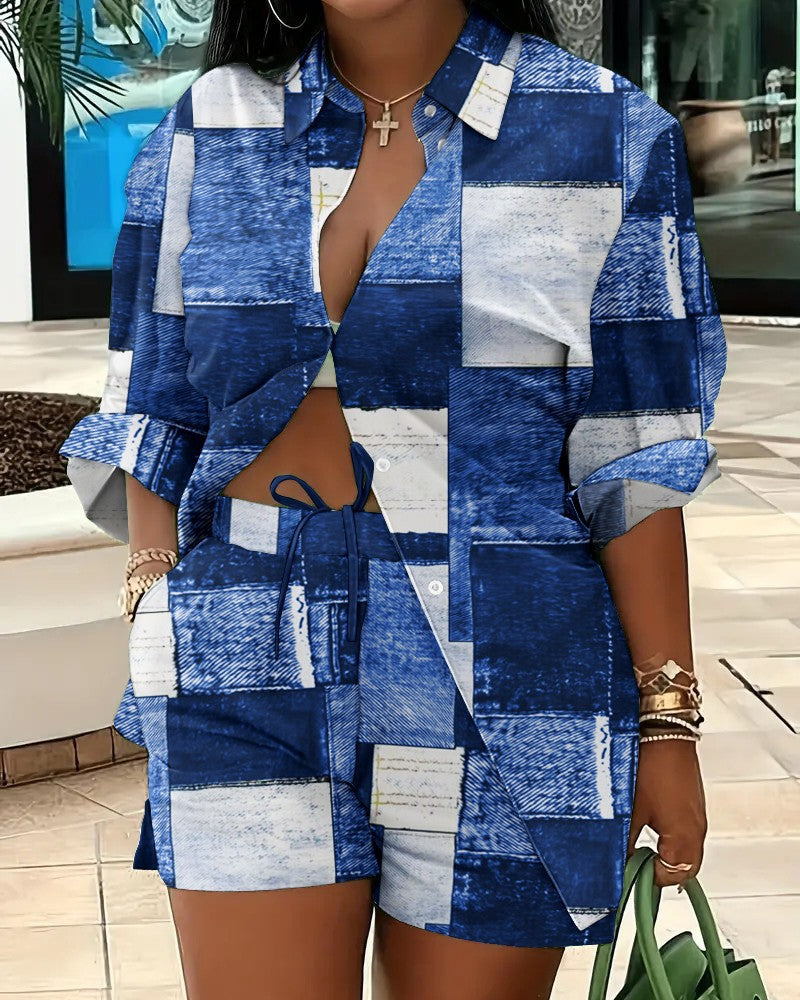 Printed Long Sleeve Top and Shorts Two-Piece Set