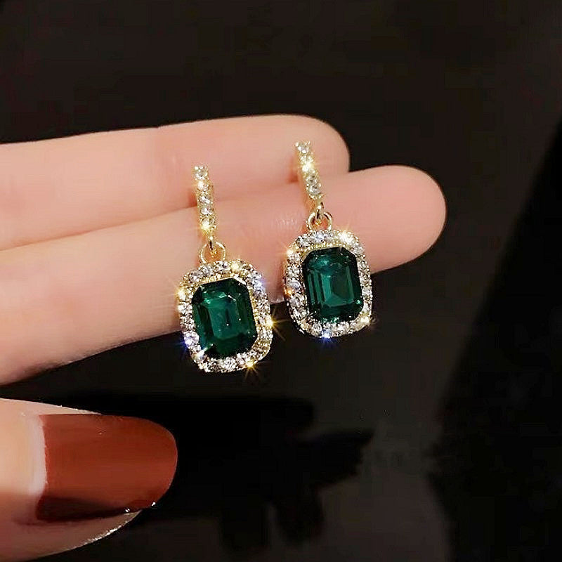 Geometric Green Rhinestone Silver Earrings