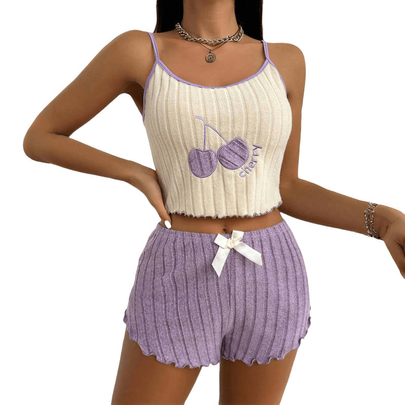 Embroidered halter top and shorts set