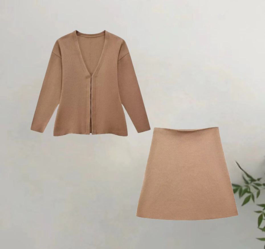 Solid Color Zipper Shirt Top and Half Hip Dress Set
