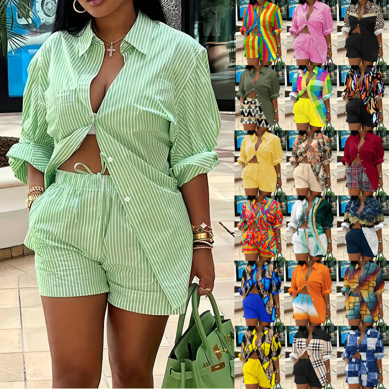 Printed Long Sleeve Top and Shorts Two-Piece Set