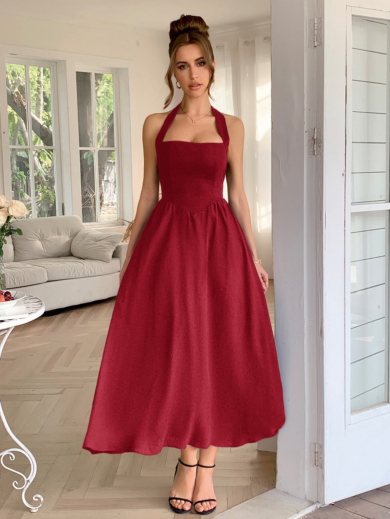 Halter Neck Waist Cinching Long Dress