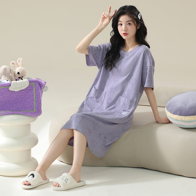 Women's Cotton Antibacterial Summer Nightgown, Cute Cartoon Sleepwear, Sizes M-4XL