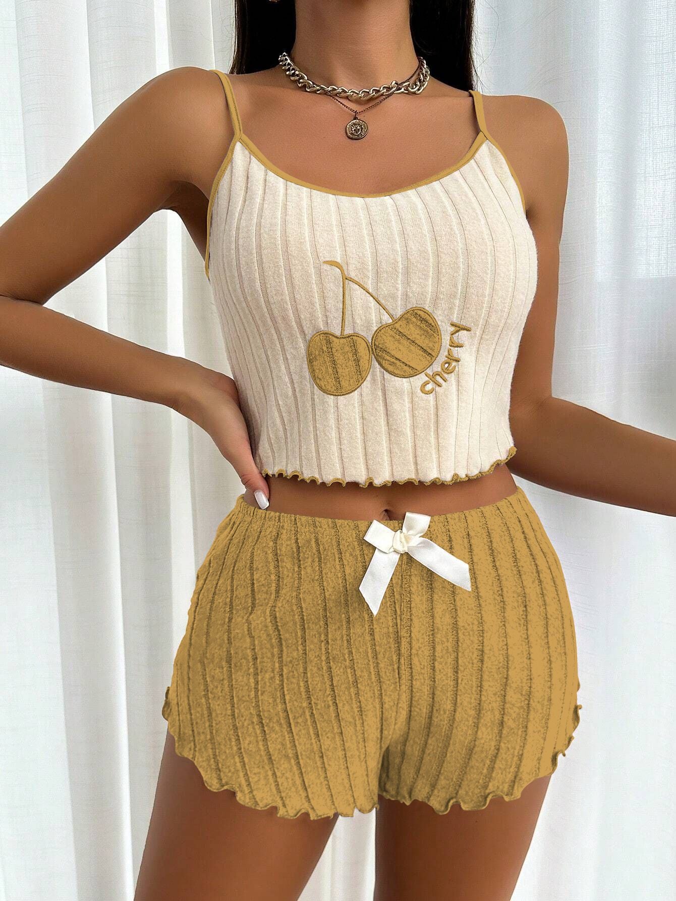 Embroidered halter top and shorts set