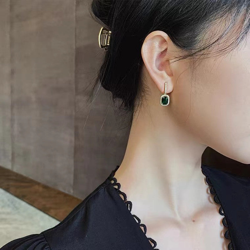Geometric Green Rhinestone Silver Earrings