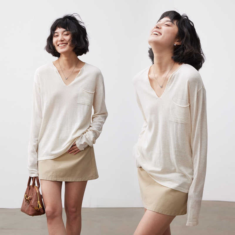 Tencel Linen Blend V-Neck Long Sleeve Top
