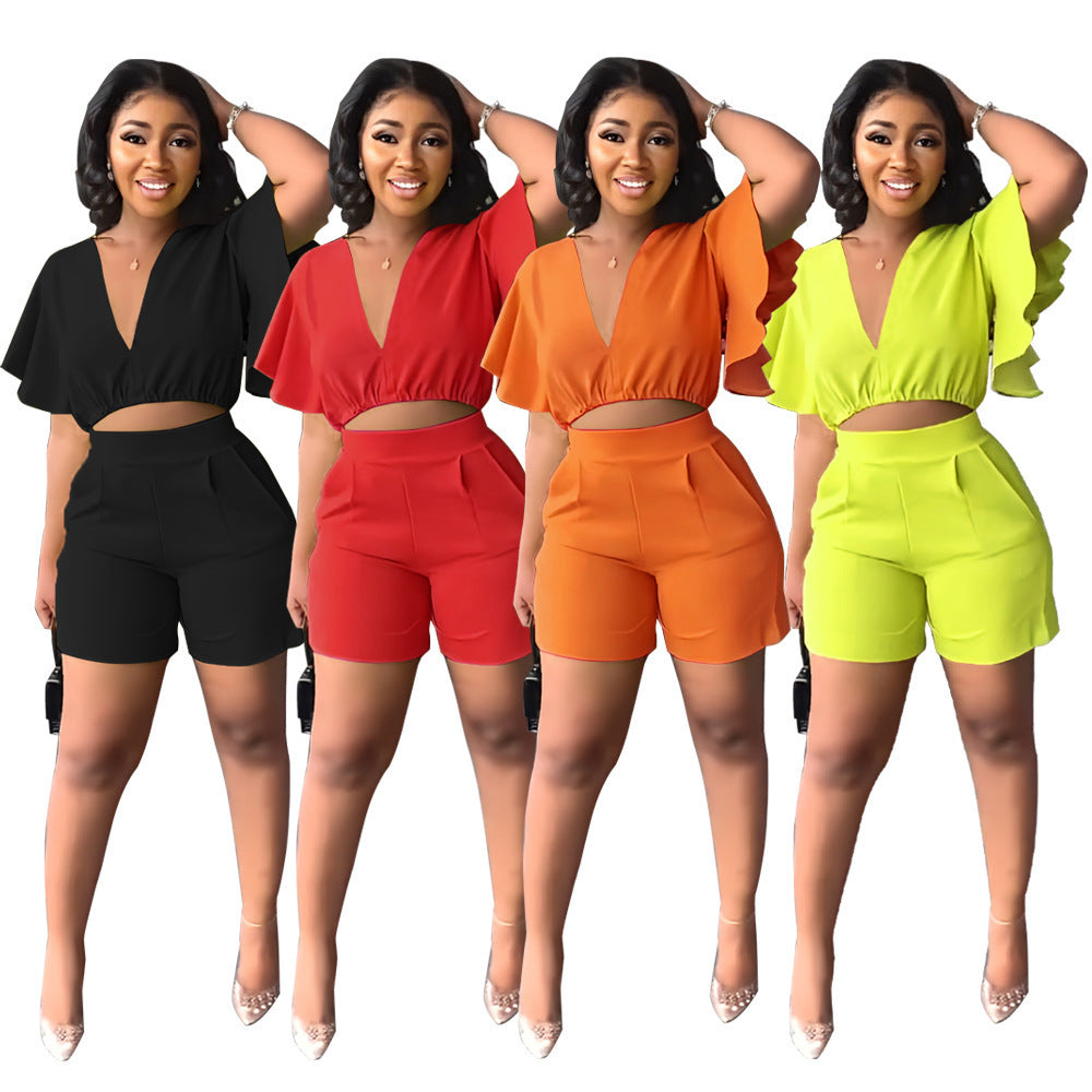 V-Neck Top and Casual Shorts Set