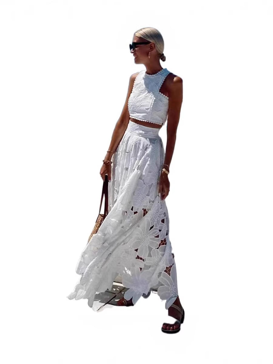 Lace Hollow-Out Tank Top and Skirt Set