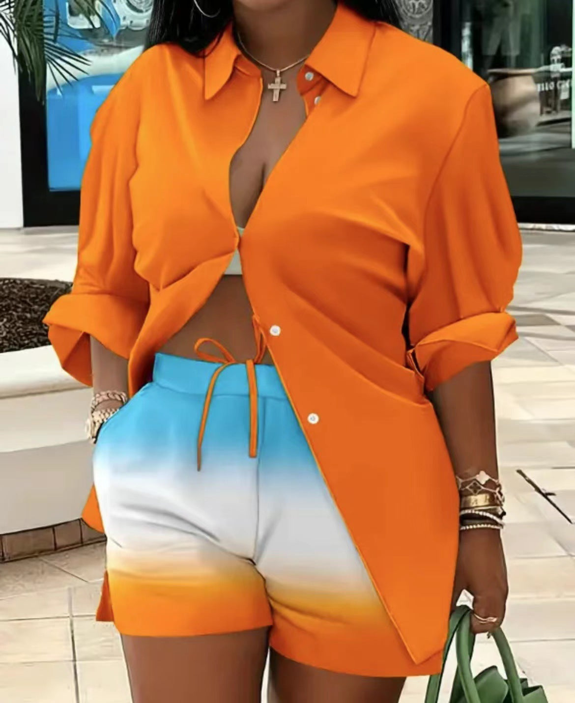 Printed Long Sleeve Top and Shorts Two-Piece Set