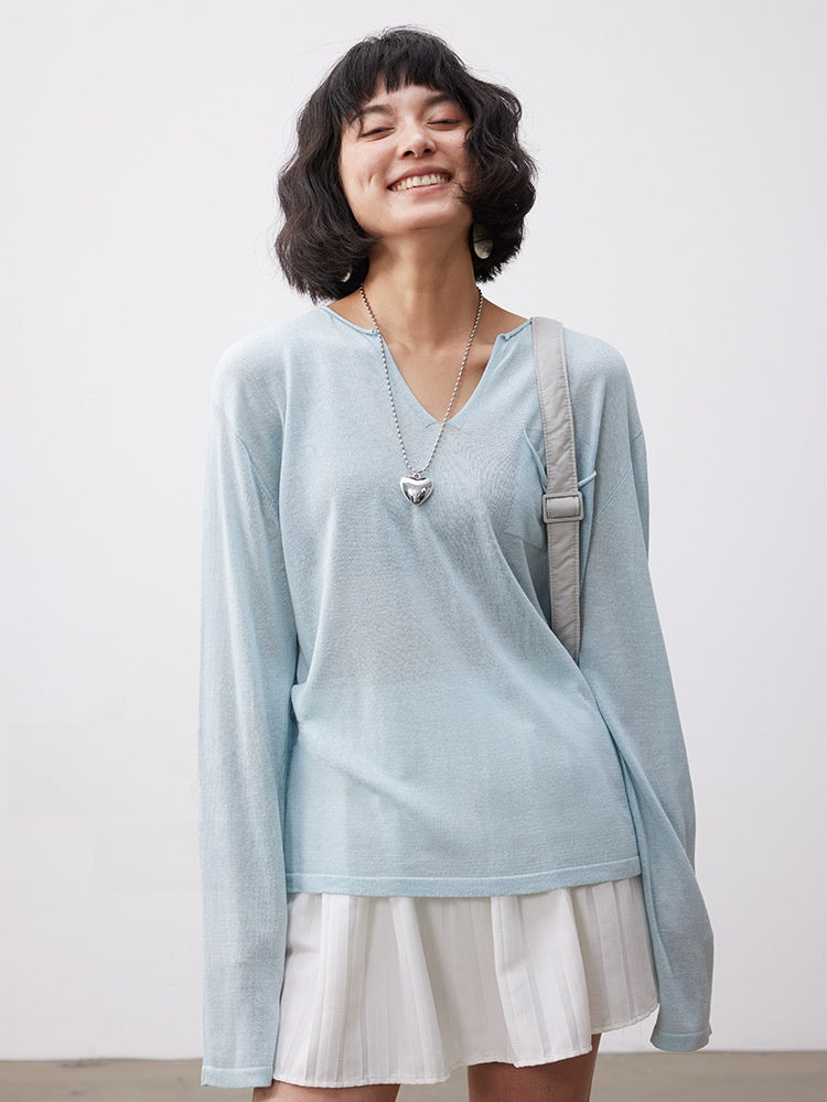 Tencel Linen Blend V-Neck Long Sleeve Top