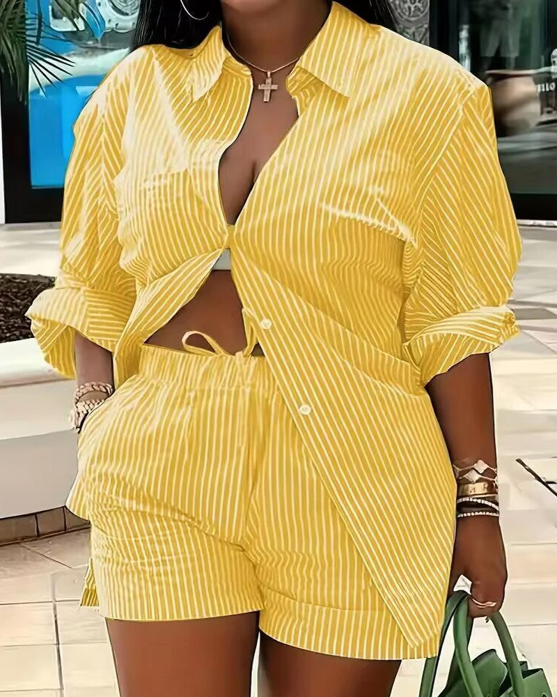 Printed Long Sleeve Top and Shorts Two-Piece Set