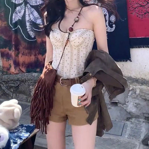 Ethnic Print Strapless Top and Denim Shorts Set