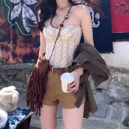 Ethnic Print Strapless Top and Denim Shorts Set