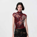 Floral Pleated High-Neck Short Sleeve Top