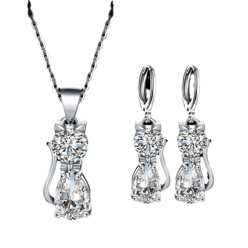 Cute Kitten Zircon Necklace and Earrings