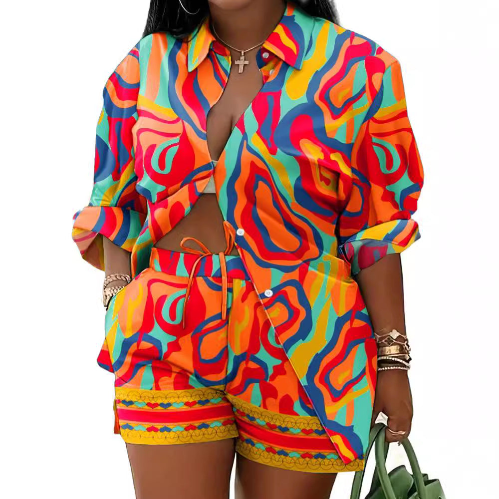 Printed Long Sleeve Top and Shorts Two-Piece Set