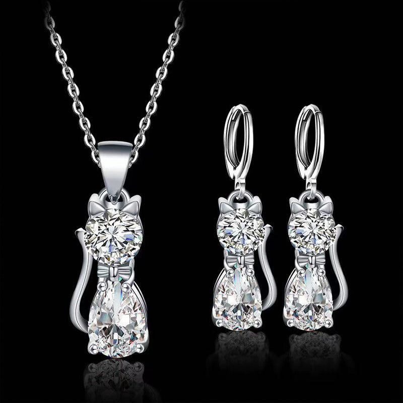 Cute Kitten Zircon Necklace and Earrings