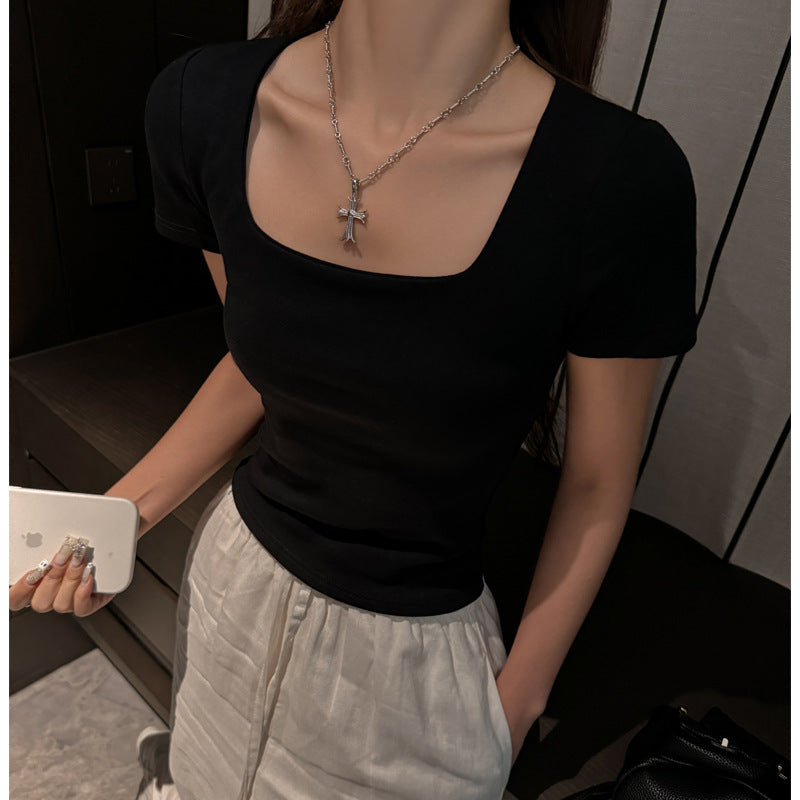 Square Collar Pure Cotton Short Sleeve Top