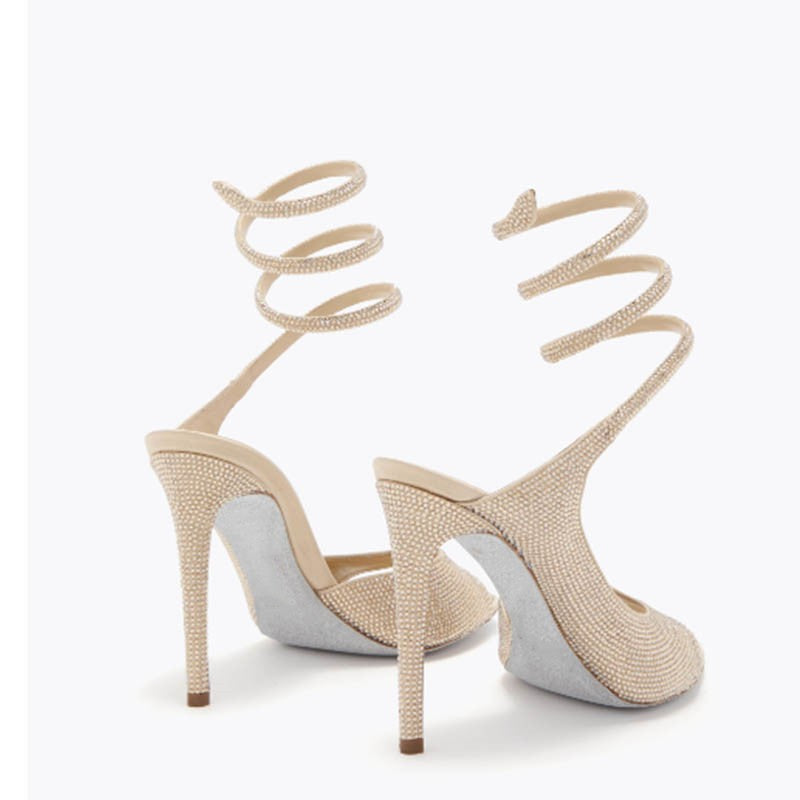 Side Hollow Rhinestone Stiletto Sandals for Women