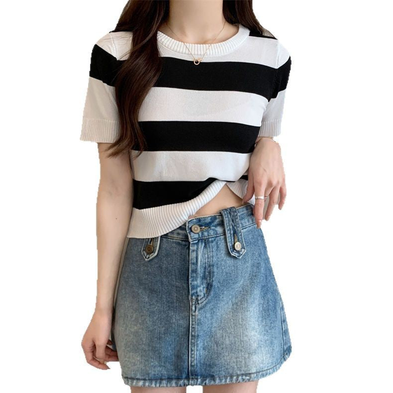 Korean Striped Short Sleeve Knit Top
