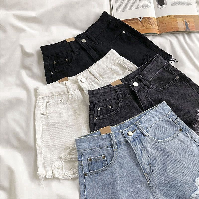 Ripped Denim Shorts High Waisted Wide Leg