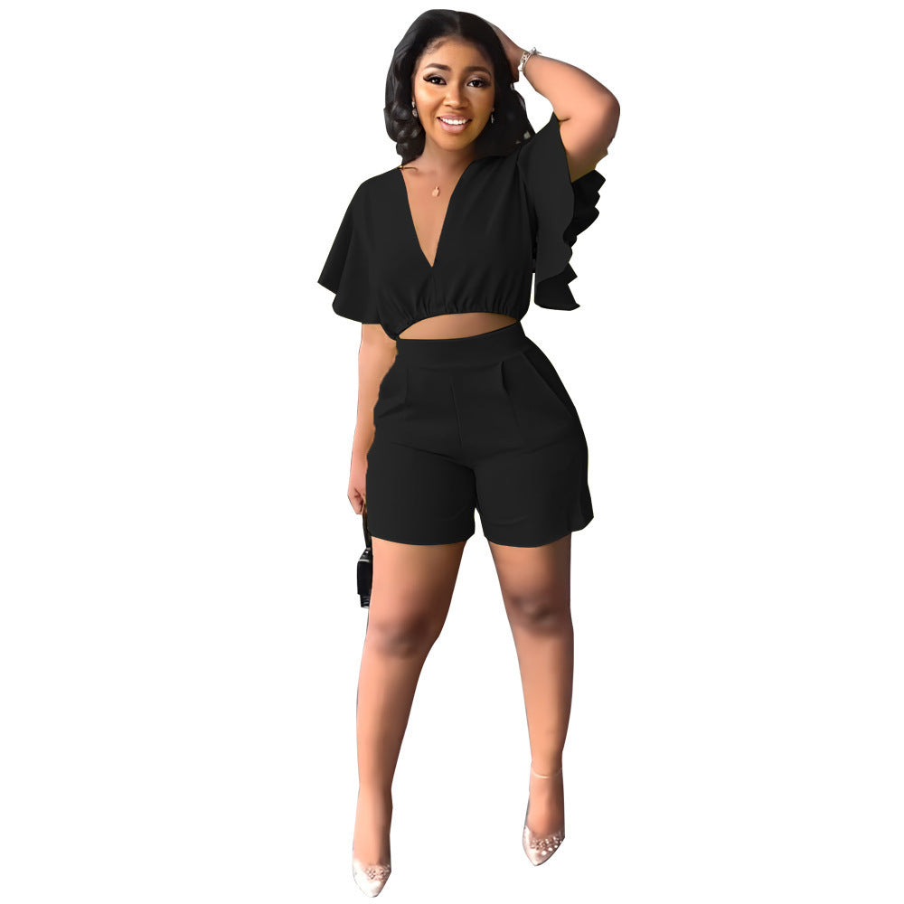 V-Neck Top and Casual Shorts Set