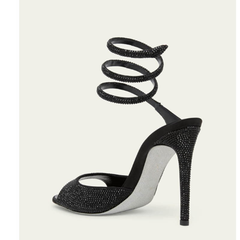 Side Hollow Rhinestone Stiletto Sandals for Women