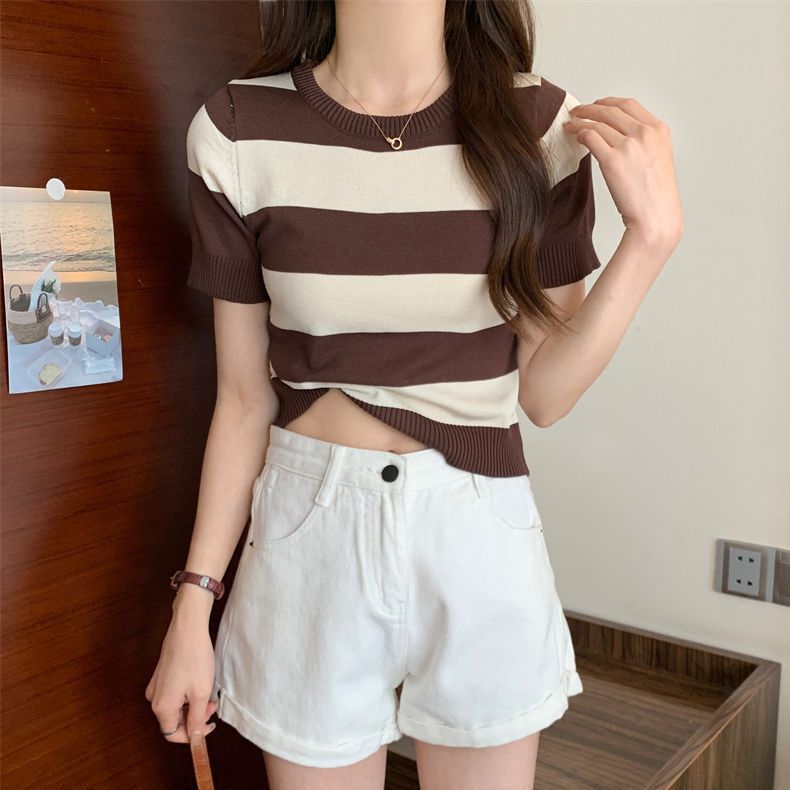 Korean Striped Short Sleeve Knit Top