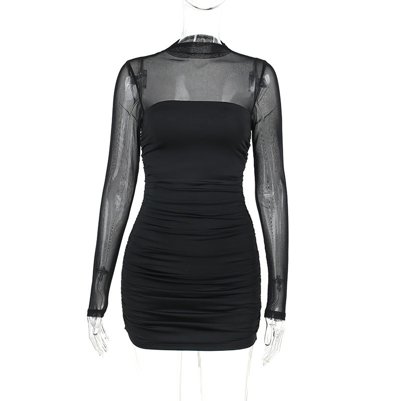 Women Half Turtleneck Mesh Long Sleeve Dress