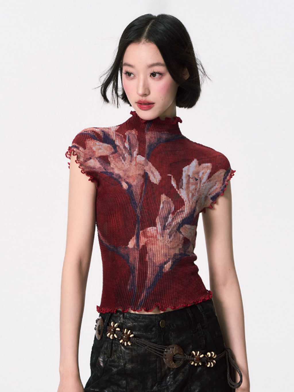 Floral Pleated High-Neck Short Sleeve Top