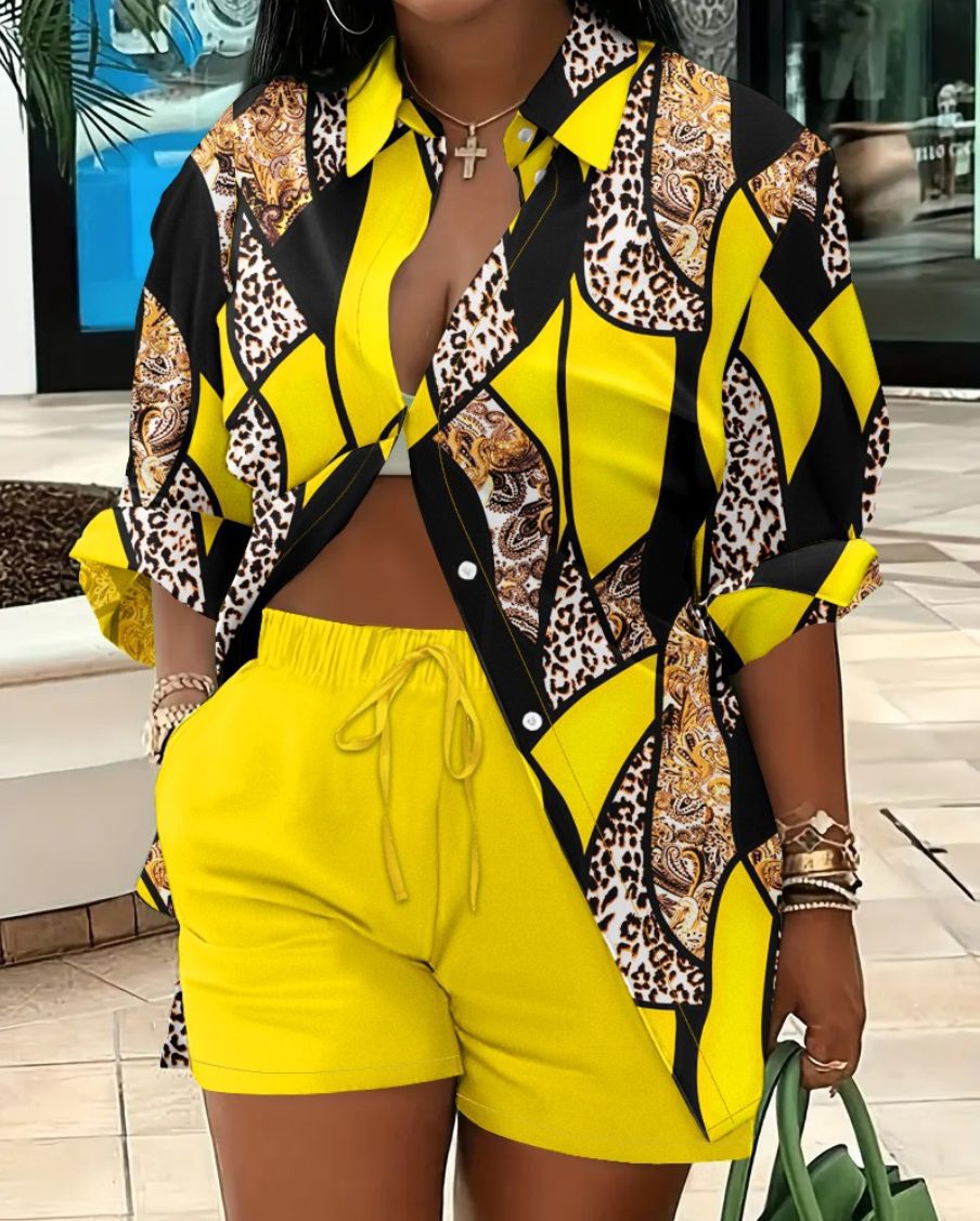 Printed Long Sleeve Top and Shorts Two-Piece Set