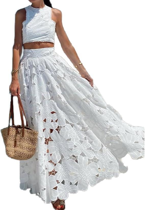Lace Hollow-Out Tank Top and Skirt Set