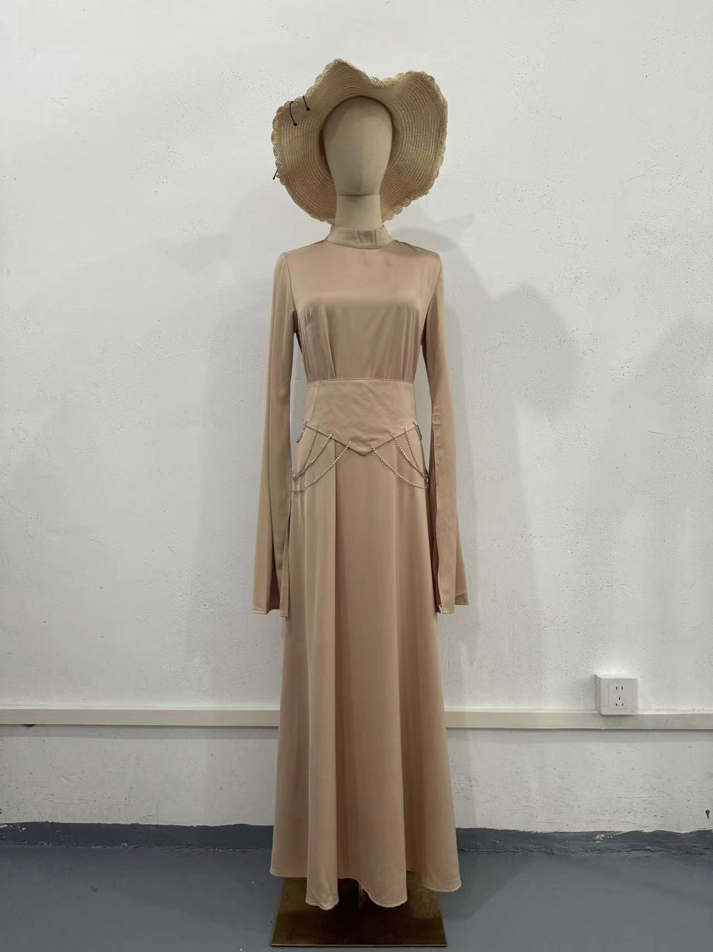 Long-Sleeve Half-High Collar Waist-Cinching Dress
