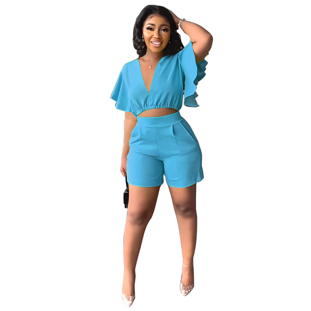 V-Neck Top and Casual Shorts Set