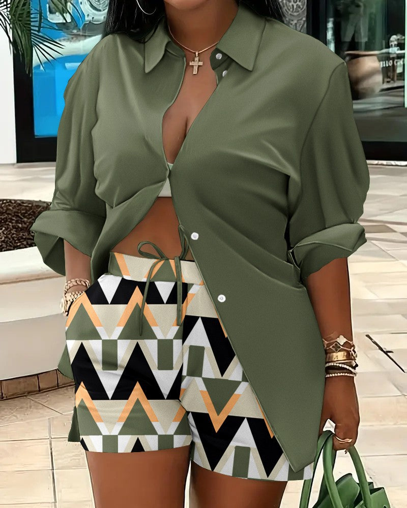 Printed Long Sleeve Top and Shorts Two-Piece Set