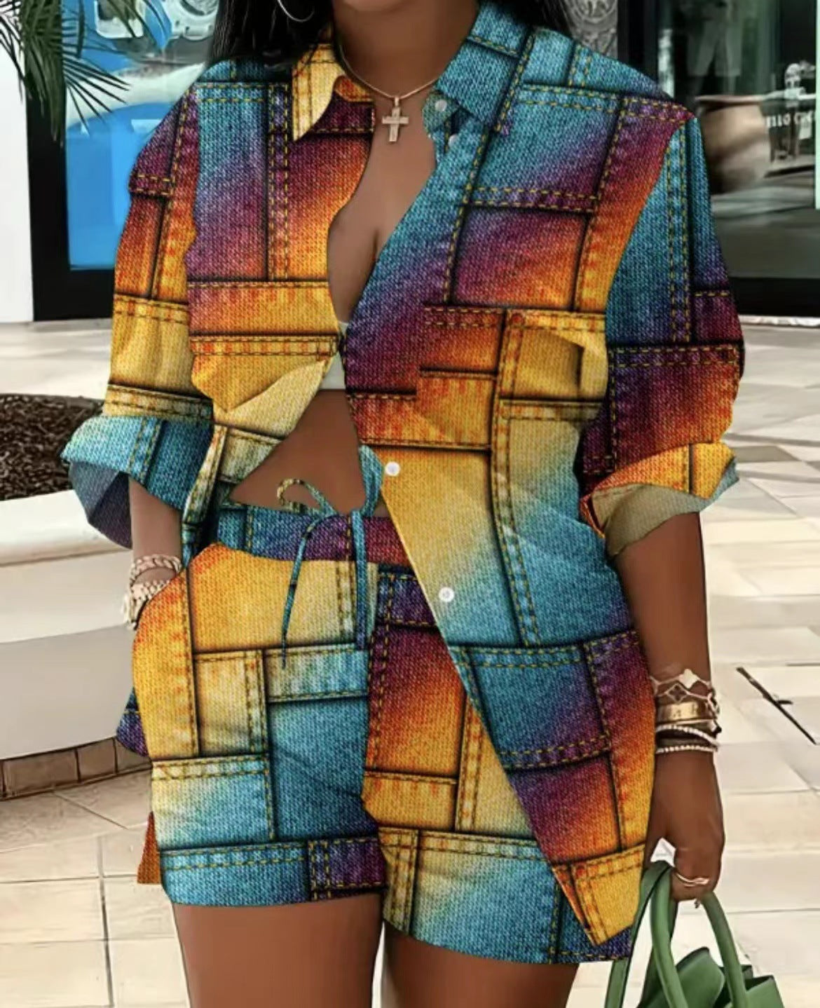 Printed Long Sleeve Top and Shorts Two-Piece Set