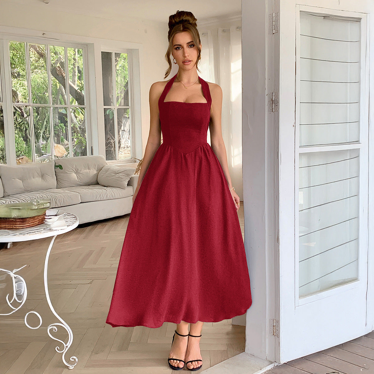 Halter Neck Waist Cinching Long Dress