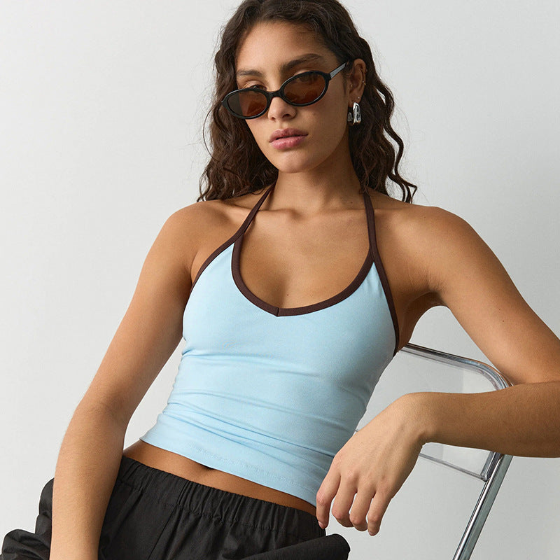 Womens Halter Neck Color Block Tank Top