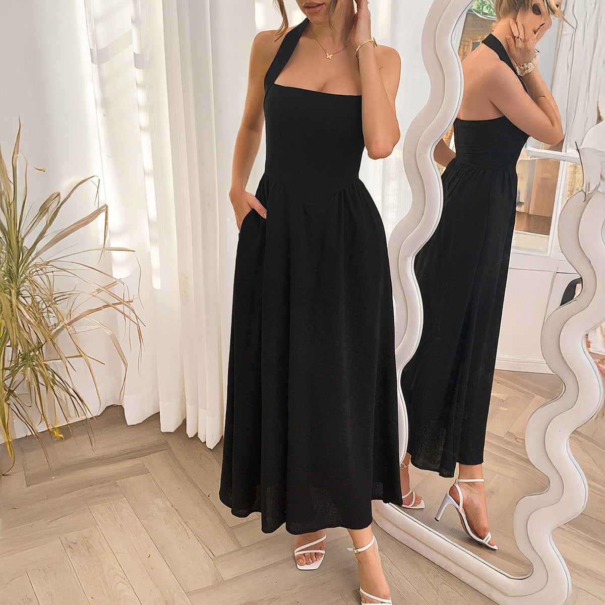 Halter Neck Waist Cinching Long Dress