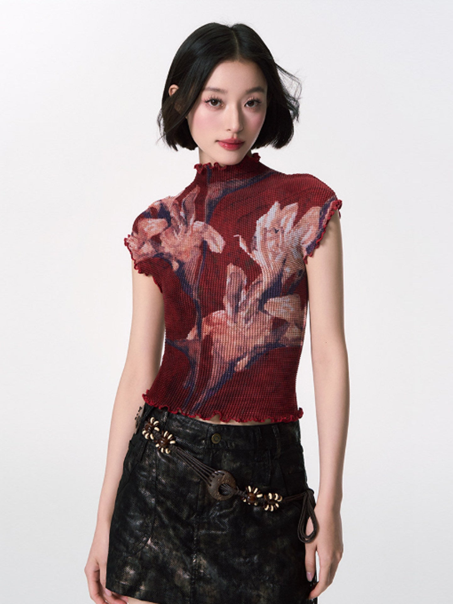 Floral Pleated High-Neck Short Sleeve Top
