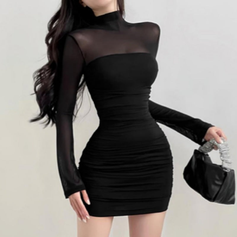Women Half Turtleneck Mesh Long Sleeve Dress