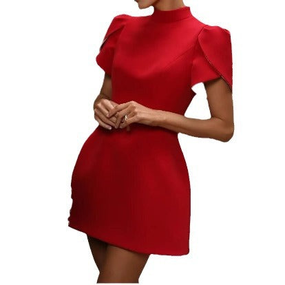 Half-neck high-waisted bow tie short dress